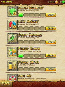 Screenshot fra Temple Run 2 - menu med mulighed for at købe opgraderinger